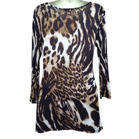 INC 3/4 Sleeve Animal Print Tunic Top with Wide Neck, Brown/Beige, Size S - Picture 3 of 5